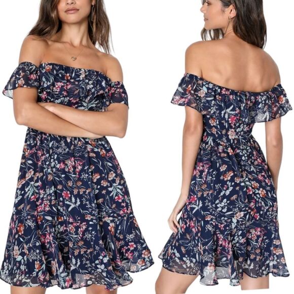Lulu's Floral Print My Favorite Off The Shoulder Dress Navy Blue Small NWT - Picture 4 of 14